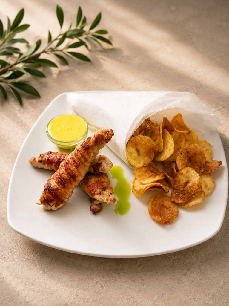 Home Baconbe csavart csirkemell-cheddar szósz, fűszeres burgobya chips